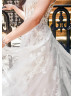 Ivory Glitter Lace Tulle Deep V Back Elegant Wedding Dress